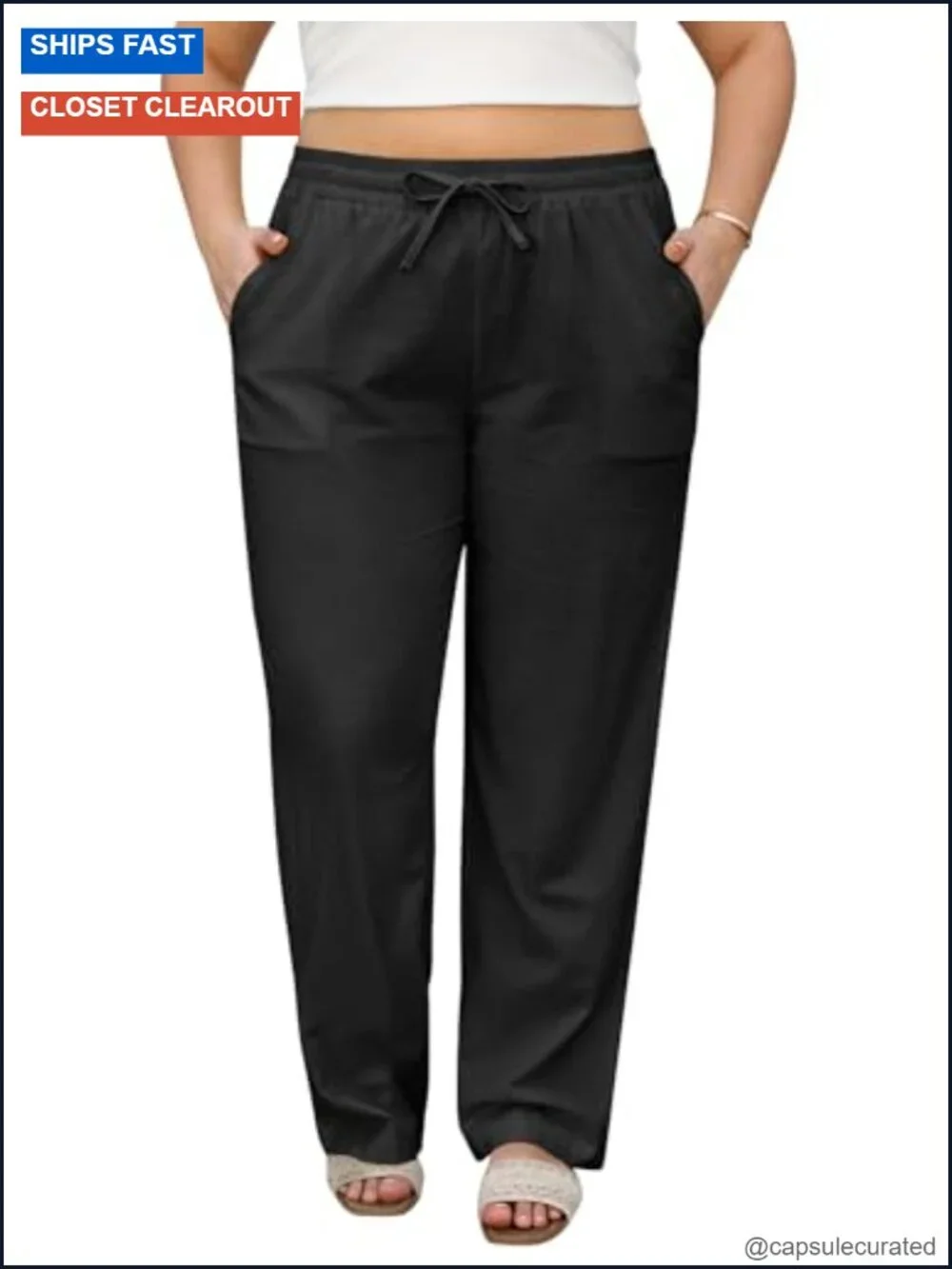 Plus Size Linen Pants Straight Leg Elastic Waisted Adjustable Palazzo with